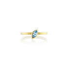 Marquise-shaped blue zircon ring, 6 x 3 mm, set in 14k yellow gold. Ring is a size 6.