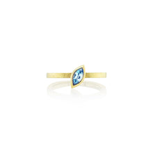 Marquise-shaped blue zircon ring, 6 x 3 mm, set in 14k yellow gold. Ring is a size 6.