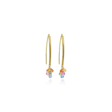 Navette earrings in 18k yellow gold with 10 multi-colored sapphire briolette drops, 2.54 cttw. Earrings are 1.4" L (38 mm).