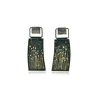 "Wild Flower" hinged drop framed earrings in oxidized sterling silver with hand fabricated mesh in silver and 24k yellow gold, posts. Earrings are 1 5/8" long x 5/8" wide (42 x 17mm).