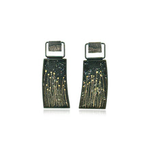 "Wild Flower" hinged drop framed earrings in oxidized sterling silver with hand fabricated mesh in silver and 24k yellow gold, posts. Earrings are 1 5/8" long x 5/8" wide (42 x 17mm).