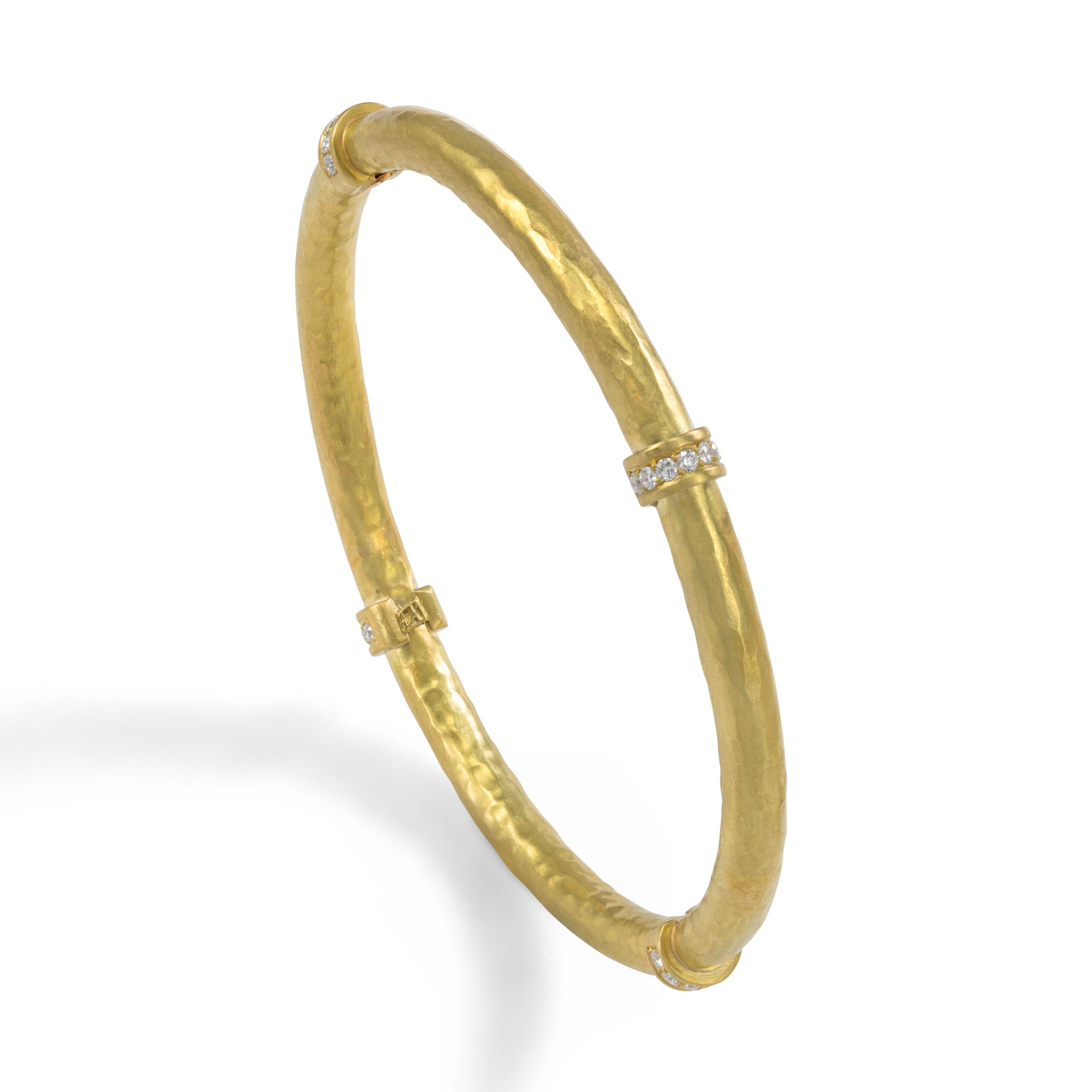 18k Hammered Hollow-Constructed Bangle Bracelet with Diamonds