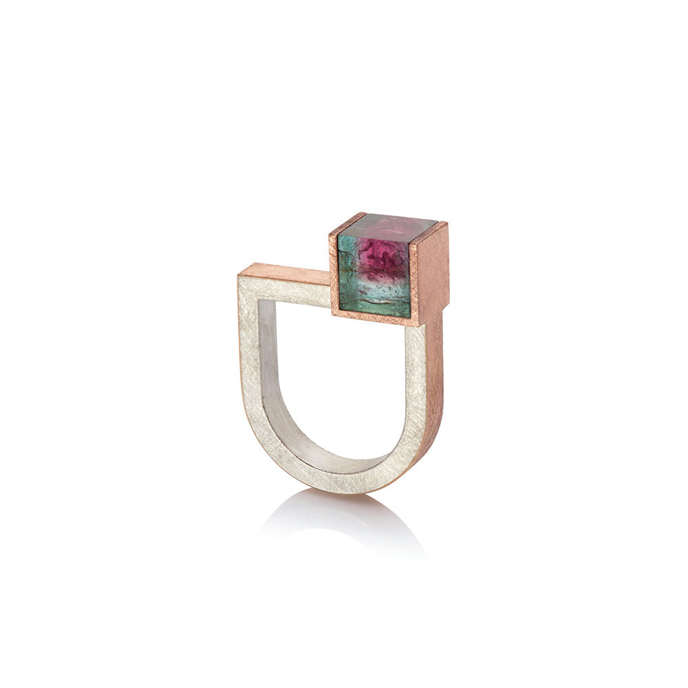 18k rose gold and sterling silver U-shaped ring with a watermelon tourmaline cube, 8mm. Ring is a size 7.75.