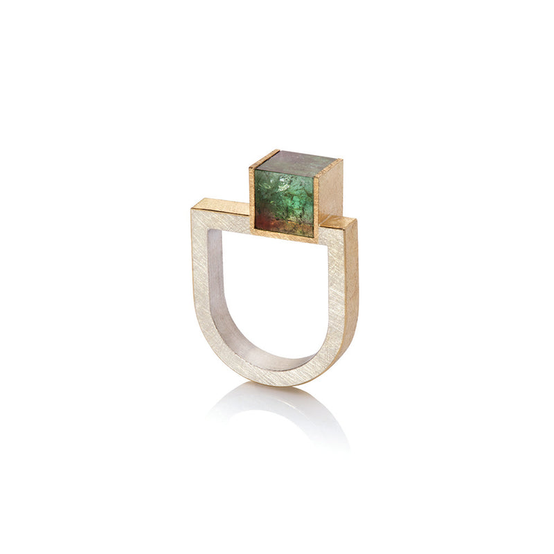 Offset Bi-Color Green and Peach Tourmaline Cube Ring
