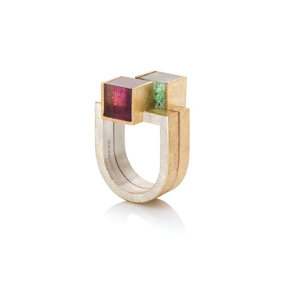 Offset Bi-Color Pink Tourmaline Cube Ring