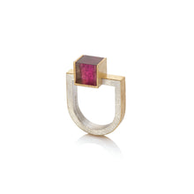 18k yellow gold and sterling silver U-shaped ring with an offset bi-color pink tourmaline cube, 8mm. Viewed from the top, cube is pink, viewed from the side, hints of watermelon tourmaline appear. Ring is a size 8 and can be stacked with the offset bi-color green and peach tourmaline ring and U-shaped diamond bar ring.