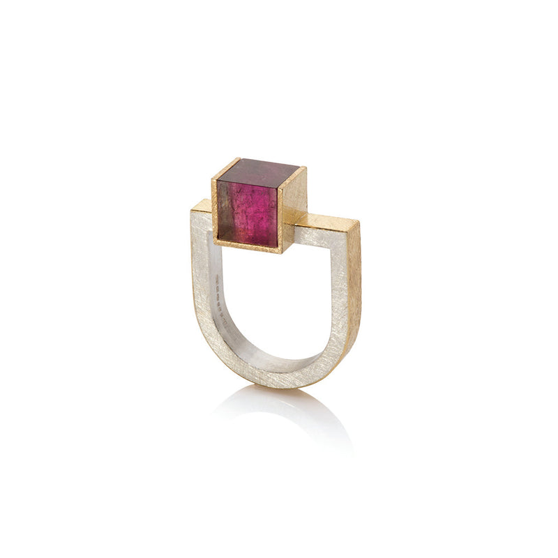 Offset Bi-Color Pink Tourmaline Cube Ring