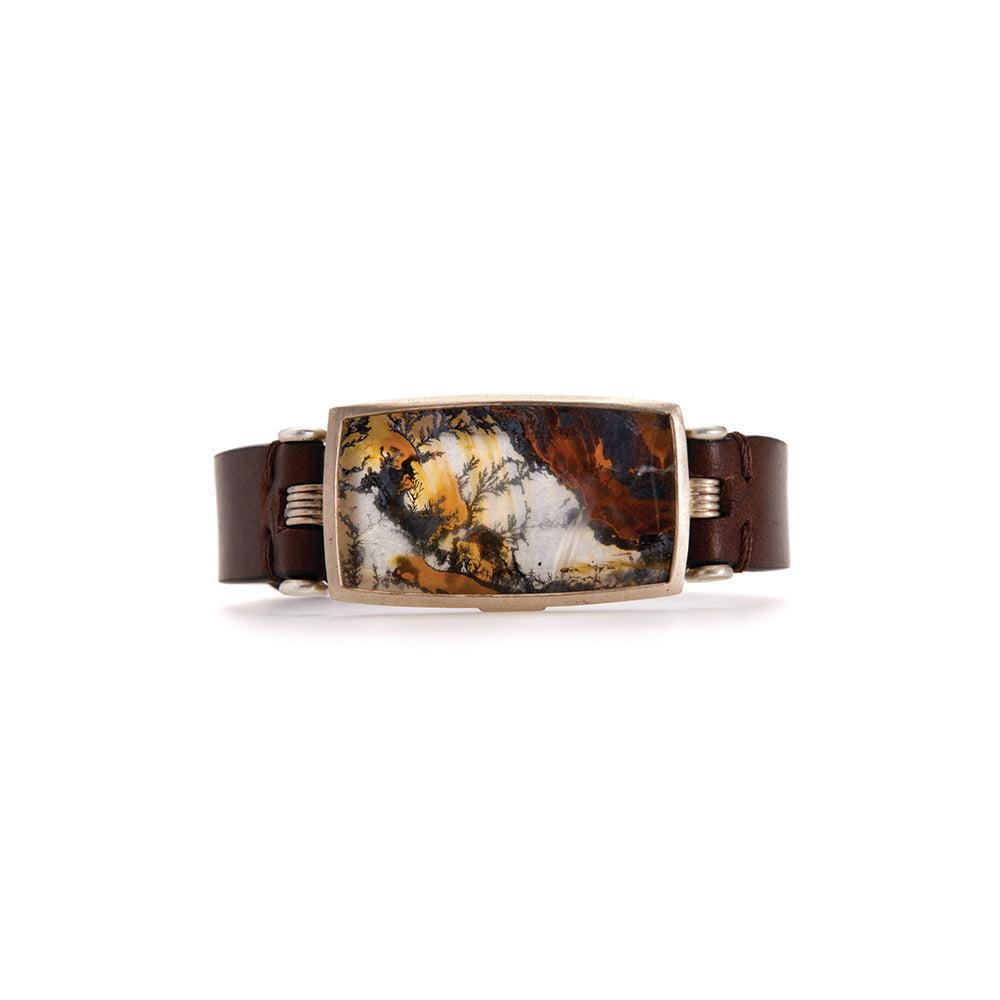 golden dendritic agate bracelet with 18k warm white gold and leather strap