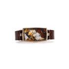 golden dendritic agate bracelet with 18k warm white gold and leather strap