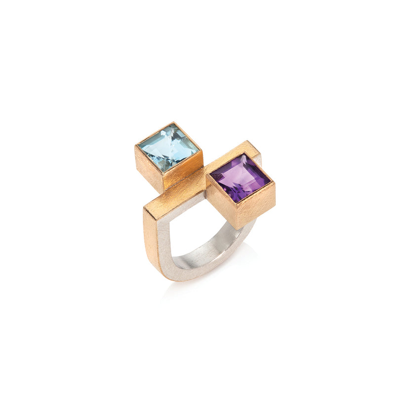 Offset Square Aquamarine and Amethyst Ring