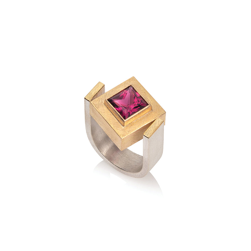 Offset Square Rubellite Tourmaline Ring