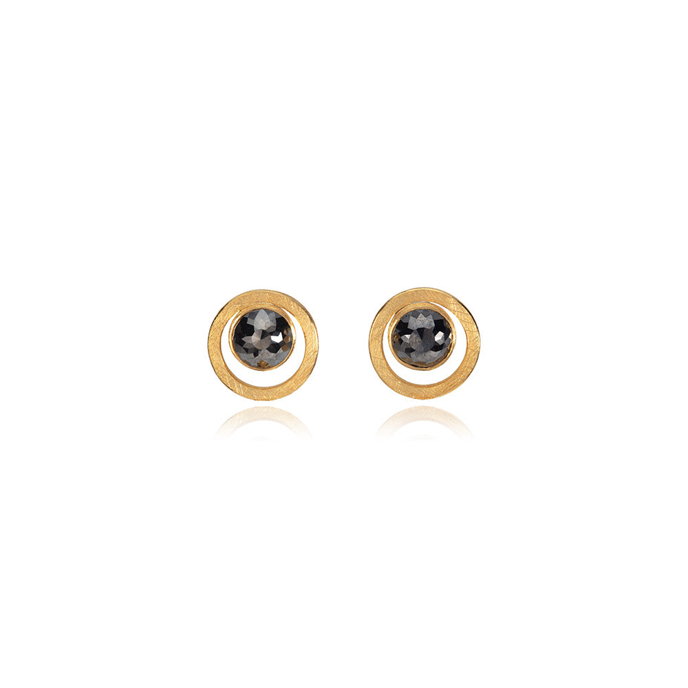 24k yellow gold and sterling silver earrings with round rose-cut black diamonds, 7mm, 3.16 cttw, framed with a larger circle with post backs.