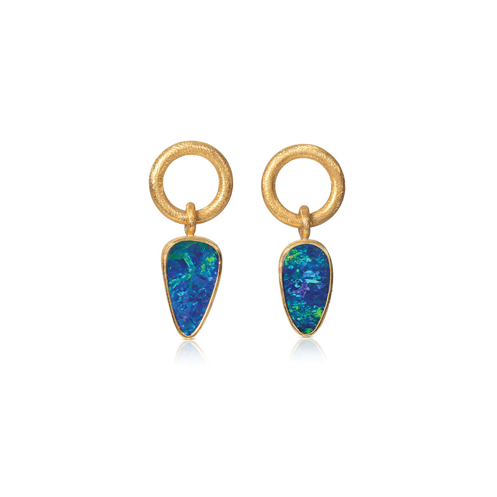 24k yellow gold and sterling silver earrings with free-form rectangular Boulder Opal drops on open circles with post backs.