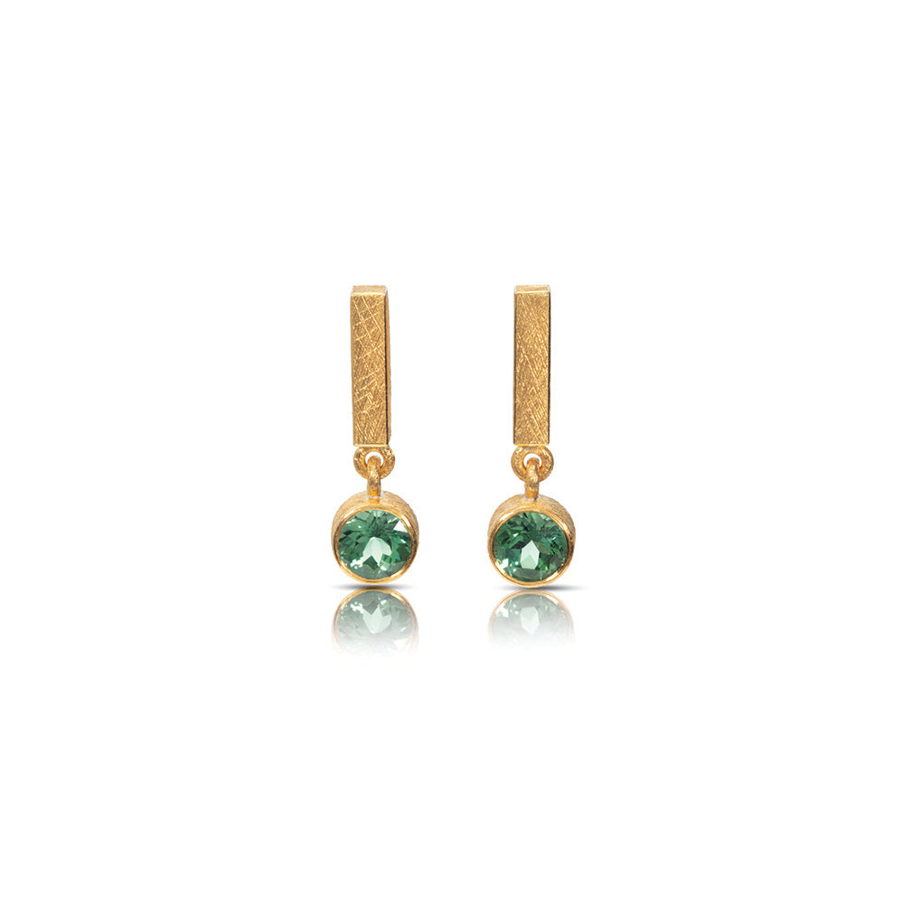 24k yellow gold and sterling silver earrings with AAA quality round green tourmaline drops, 5.5mm, 1.30 cttw, on vertical rectangle bar tops with post backs.