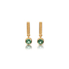 24k yellow gold and sterling silver earrings with AAA quality round green tourmaline drops, 5.5mm, 1.30 cttw, on vertical rectangle bar tops with post backs.