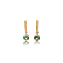 24k yellow gold and sterling silver earrings with AAA quality round green tourmaline drops, 5.5mm, 1.30 cttw, on vertical rectangle bar tops with post backs.