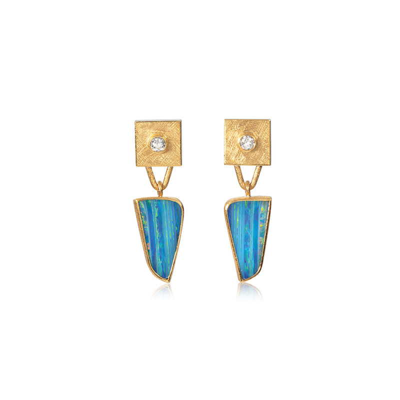 Triangular Australian Boulder Opal Earrings with Diamond Tops