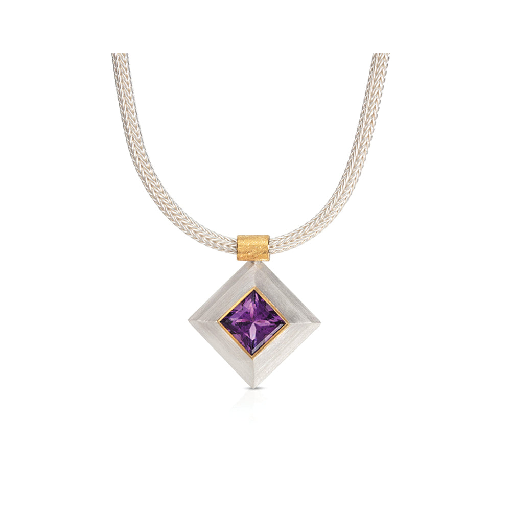 24k yellow gold and sterling silver step bezel pendant with a square amethyst, 9x9mm 3.48 cts. Pendant is on a woven sterling silver chain.