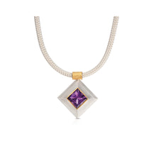 24k yellow gold and sterling silver step bezel pendant with a square amethyst, 9x9mm 3.48 cts. Pendant is on a woven sterling silver chain.