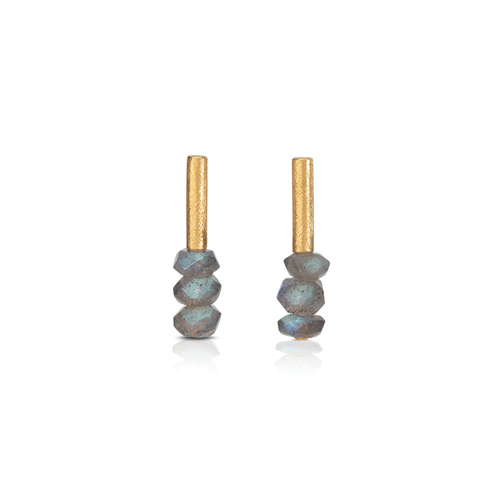 24k yellow gold and sterling silver vertical tube earrings with post backs and faceted labradorite beads.
