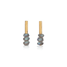 24k yellow gold and sterling silver vertical tube earrings with post backs and faceted labradorite beads.