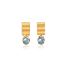 24k yellow gold and sterling silver retangular "rooftop" earrings with oval cabochon moonstones (8.5x6mm) and post backs.