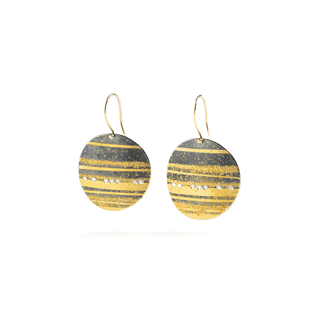Oxidized sterling silver earrings, 18K &amp; 24K gold, white (G) diamonds vs tot. 0.14 ct; diameter is 1", total length with French wires is 1 11/16".