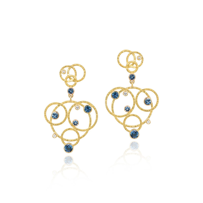 Hammered Circle Earrings with Diamonds and Aquamarines