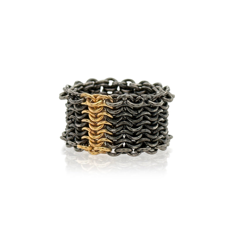 Kinetic Chainmaille Link Ring in Oxidized Sterling Silver and 18K Gold