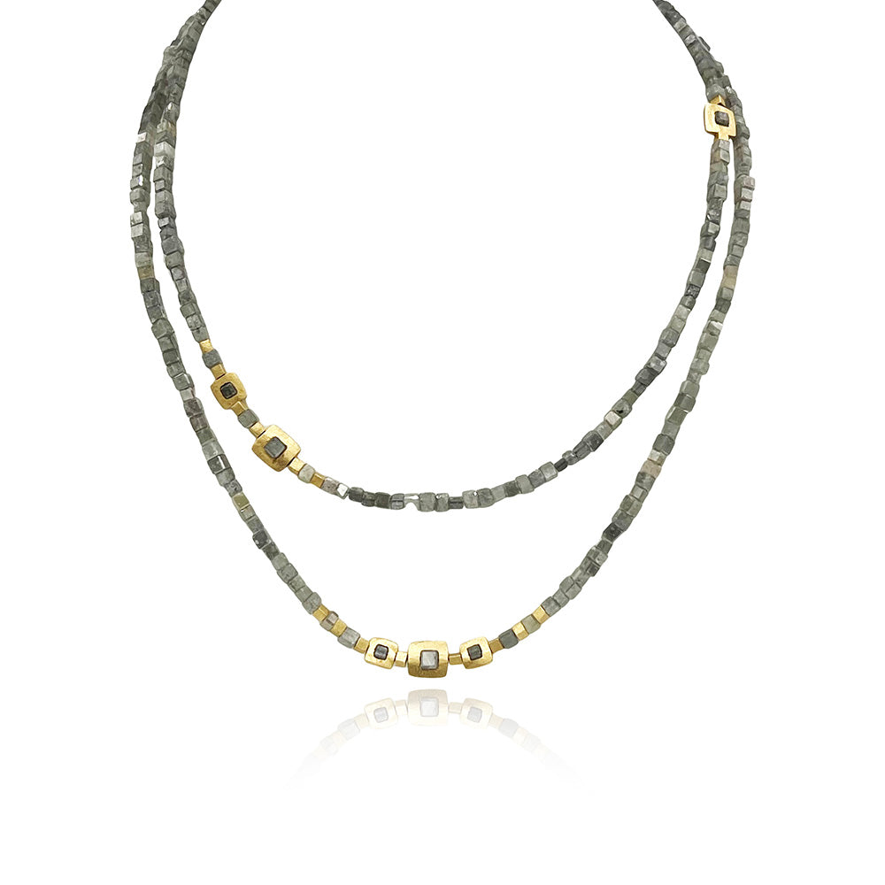 Long "Windows" Necklace with Grey Diamond Square Beads