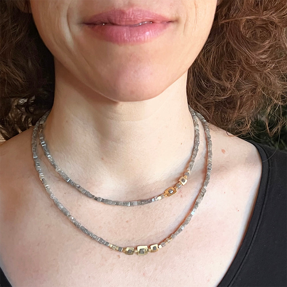 Long "Windows" Necklace with Grey Diamond Square Beads