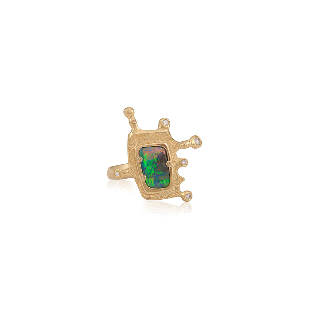 rectangular Australian boulder opal ring with diamonds