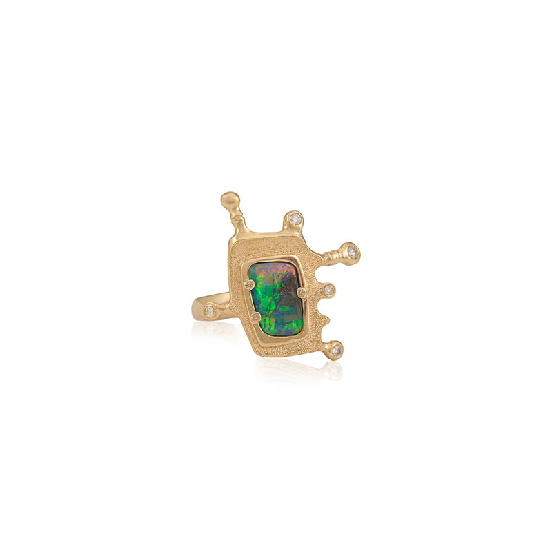 Rectangular Australian Boulder Opal Ring with Diamonds