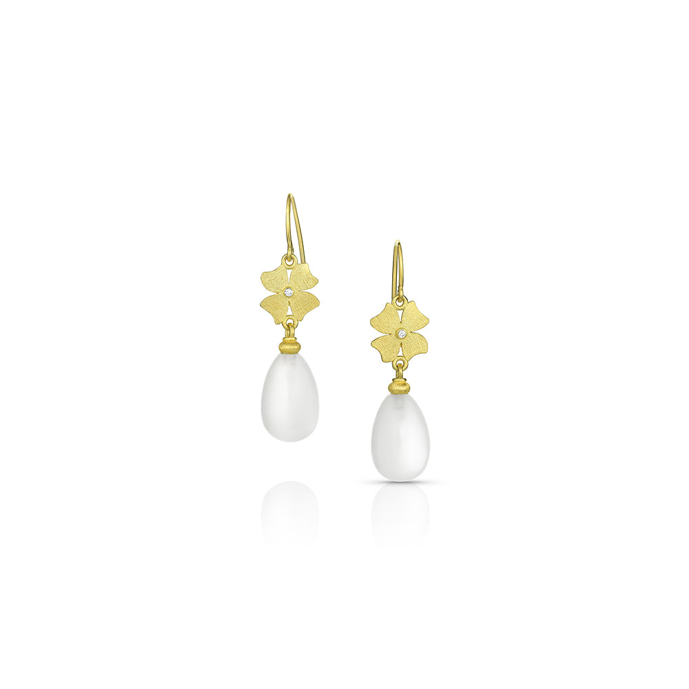 Flower Top Earrings with Diamonds and White Moonstone Drops