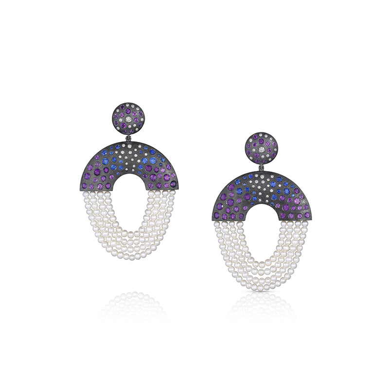 Blue Sapphire, Amethyst, Diamond and Seed Pearl Earrings