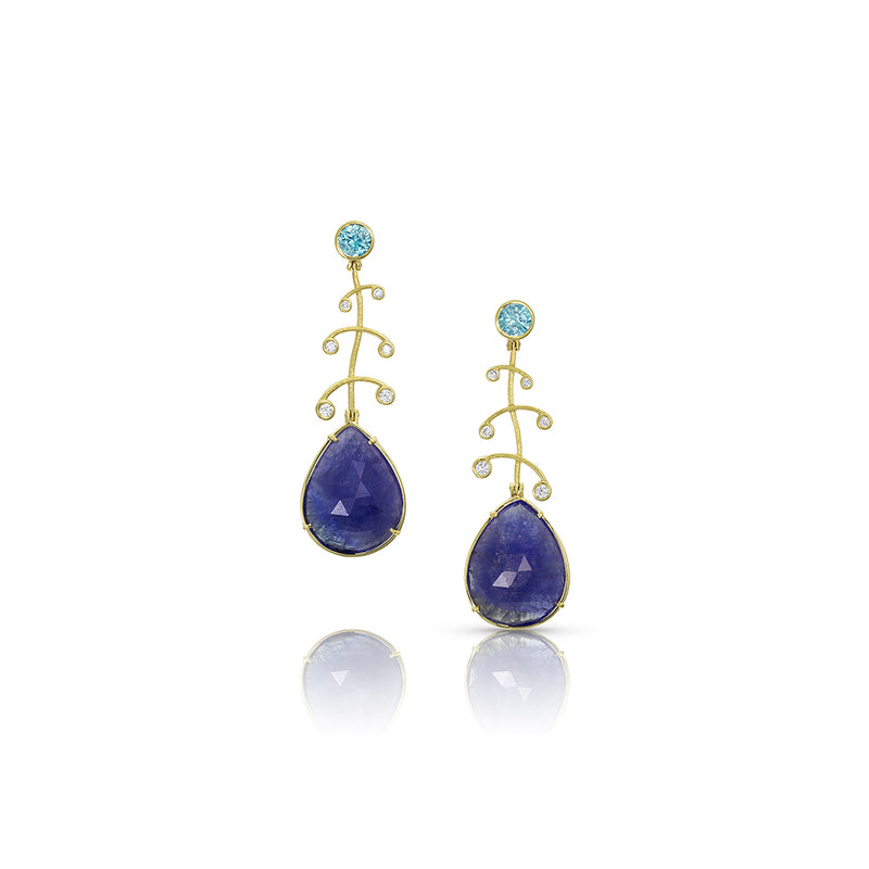 18K Yellow Gold Frond-Topped Earrings with Blue Zircon, Champagne Diamonds and Tanzanite Drops