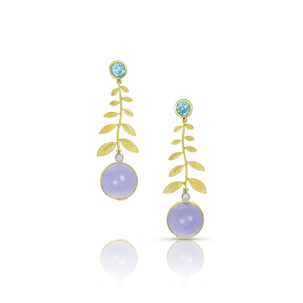 18K Yellow Gold Fern-Topped Earrings with Diamonds, Blue Zircon and Chalcedony Cabochon Drops