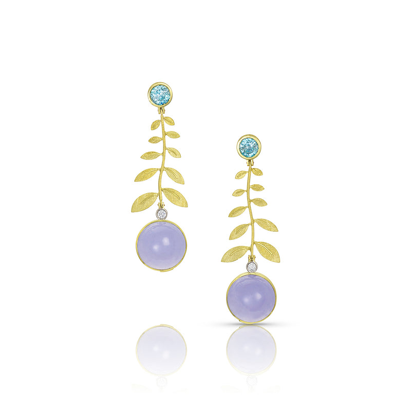 18K Yellow Gold Fern-Topped Earrings with Diamonds, Blue Zircon and Chalcedony Cabochon Drops
