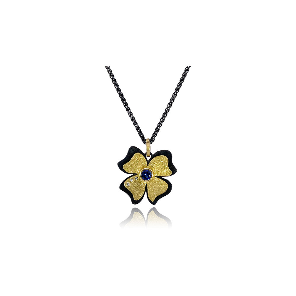 18K Yellow Gold and Oxidized Sterling Silver Blossom Pendant with Diamonds and Blue Sapphire