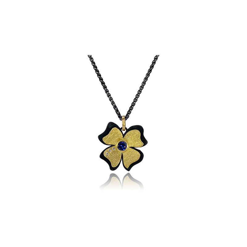18K Yellow Gold and Oxidized Sterling Silver Blossom Pendant with Diamonds and Blue Sapphire