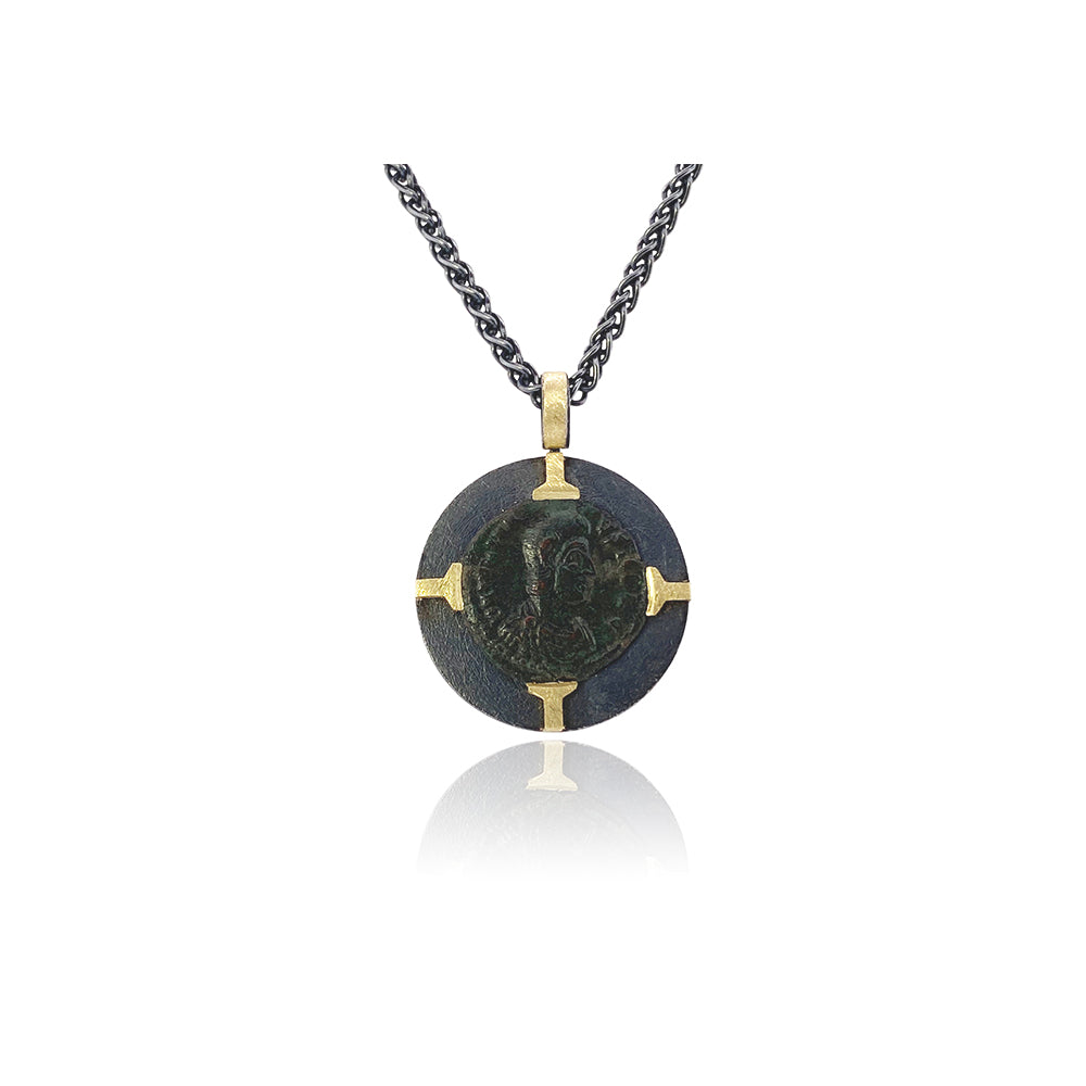 Ancient Roman Coin Pendant with 18K and Oxidized Sterling Silver