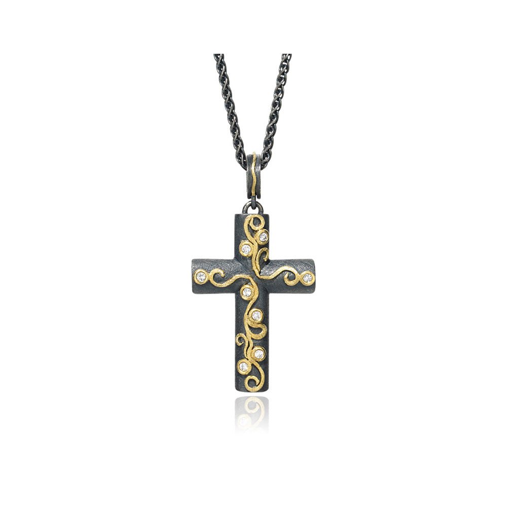 18K Yellow Gold and Oxidized Sterling Silver Scrollwork "Cross" Pendant with Diamonds
