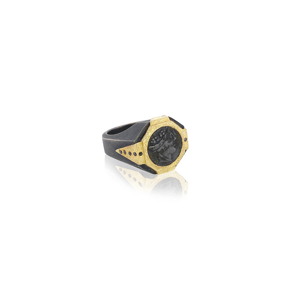 18K and Oxidized Sterling Silver Coin Ring