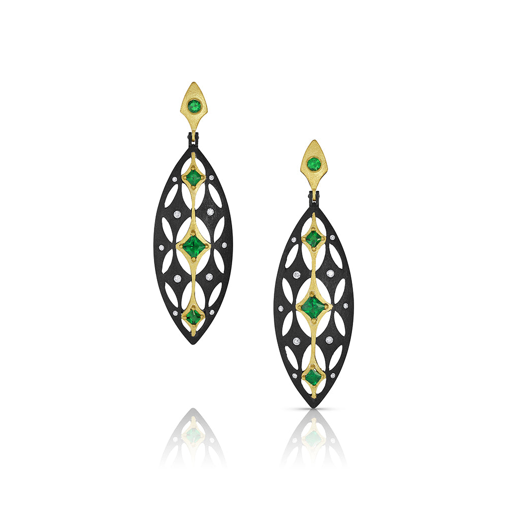 Tsavorite, Diamond, 18K and Sterling Silver Shield Earrings