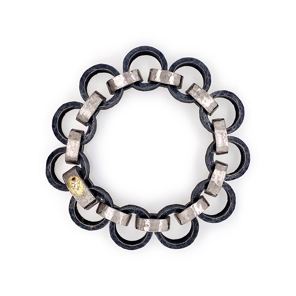 Hand-Forged, Mixed Link Bracelet in Platinum and Oxidized Sterling Silver