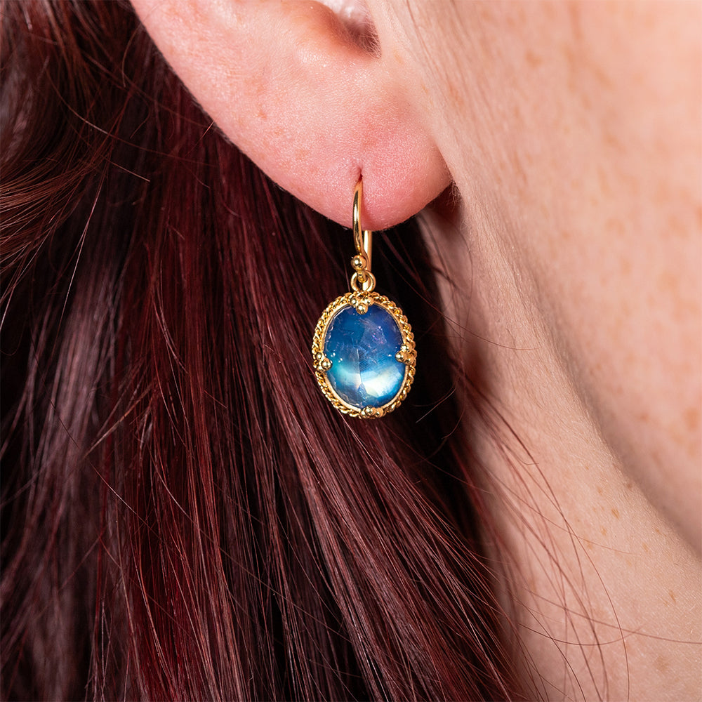 oval blue flash moonstone earrings