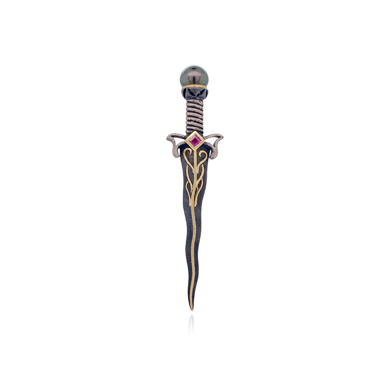 Sword Pin with Tahitian Pearl and Ruby