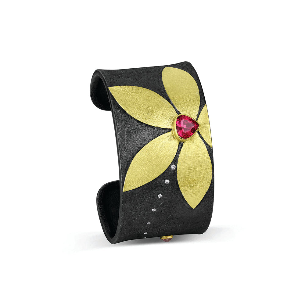 5 Petal Cuff in 18k Yellow Gold with Pink Sapphire and Diamonds