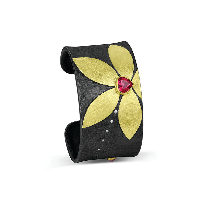 5 Petal Cuff in 18k Yellow Gold with Pink Sapphire and Diamonds