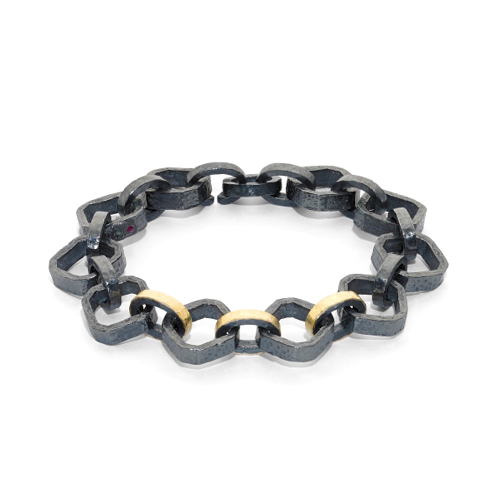 18K Yellow Gold and Oxidized Sterling Silver Link Bracelet
